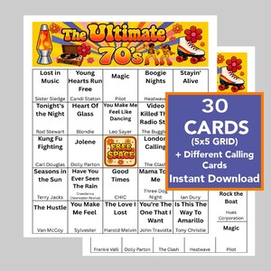 May include: A retro-themed bingo game with the title "The Ultimate 70's." The game includes 30 cards in a 5x5 grid, plus different calling cards. The design features a lava lamp, roller skates, and song titles.