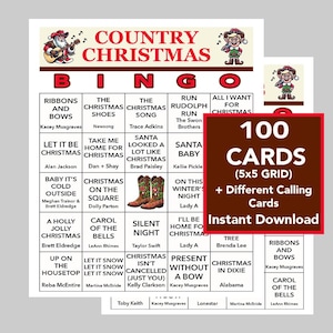 Musique country de Noël, soirée de bingo avec musique country de Noël, téléchargement numérique, jeux à imprimer, 100 cartes de bingo différentes, liste de lecture Spotify