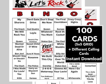 Rock 'n' Roll Music Party Bingo Game – 100 Cards, 40 Classic Rock Songs + Music Playlist