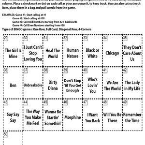 K&ouml;nnte beinhalten: Eine schwarz-wei&szlig;e Bingokarte mit Michael-Jackson-Thema. Die Karte hat 25 Felder mit den Nummern 29 bis 50. Jedes Feld enth&auml;lt einen Text aus einem Michael-Jackson-Song.