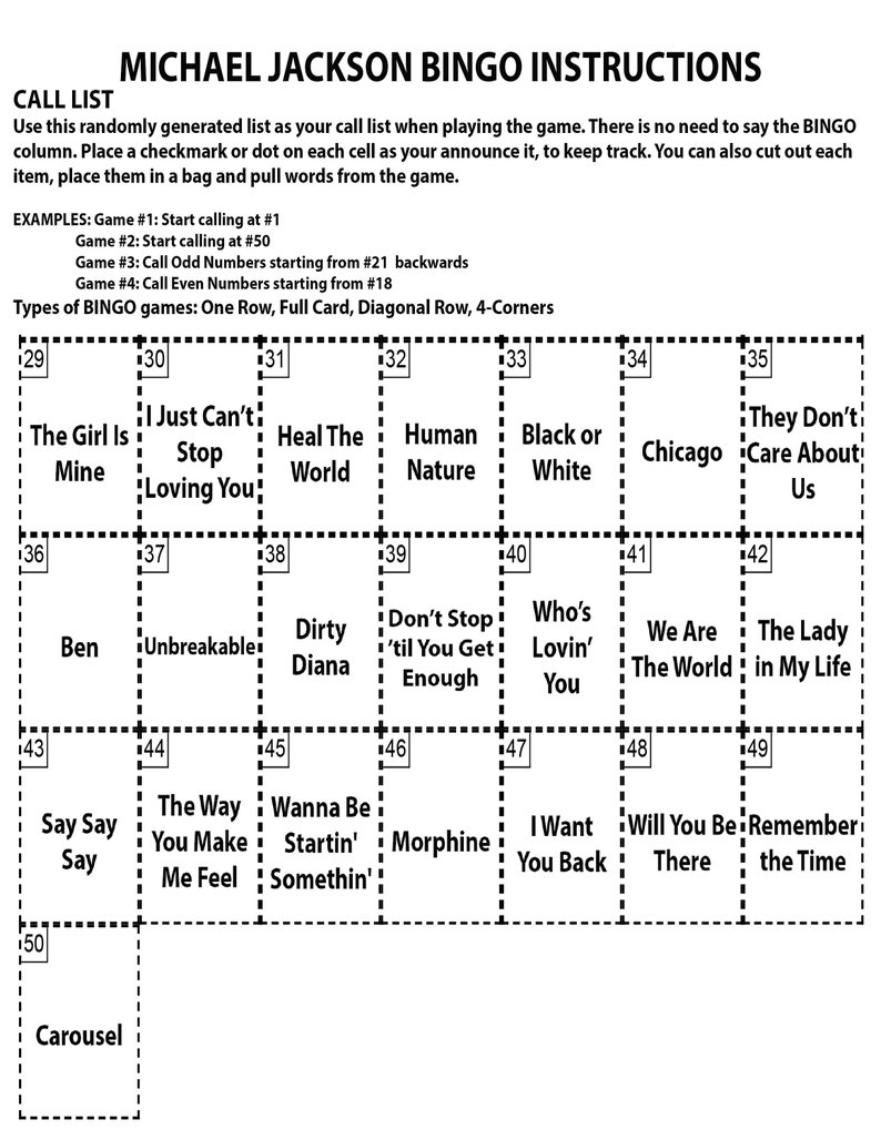 K&ouml;nnte beinhalten: Eine schwarz-wei&szlig;e Bingokarte mit Michael-Jackson-Thema. Die Karte hat 25 Felder mit den Nummern 29 bis 50. Jedes Feld enth&auml;lt einen Text aus einem Michael-Jackson-Song.