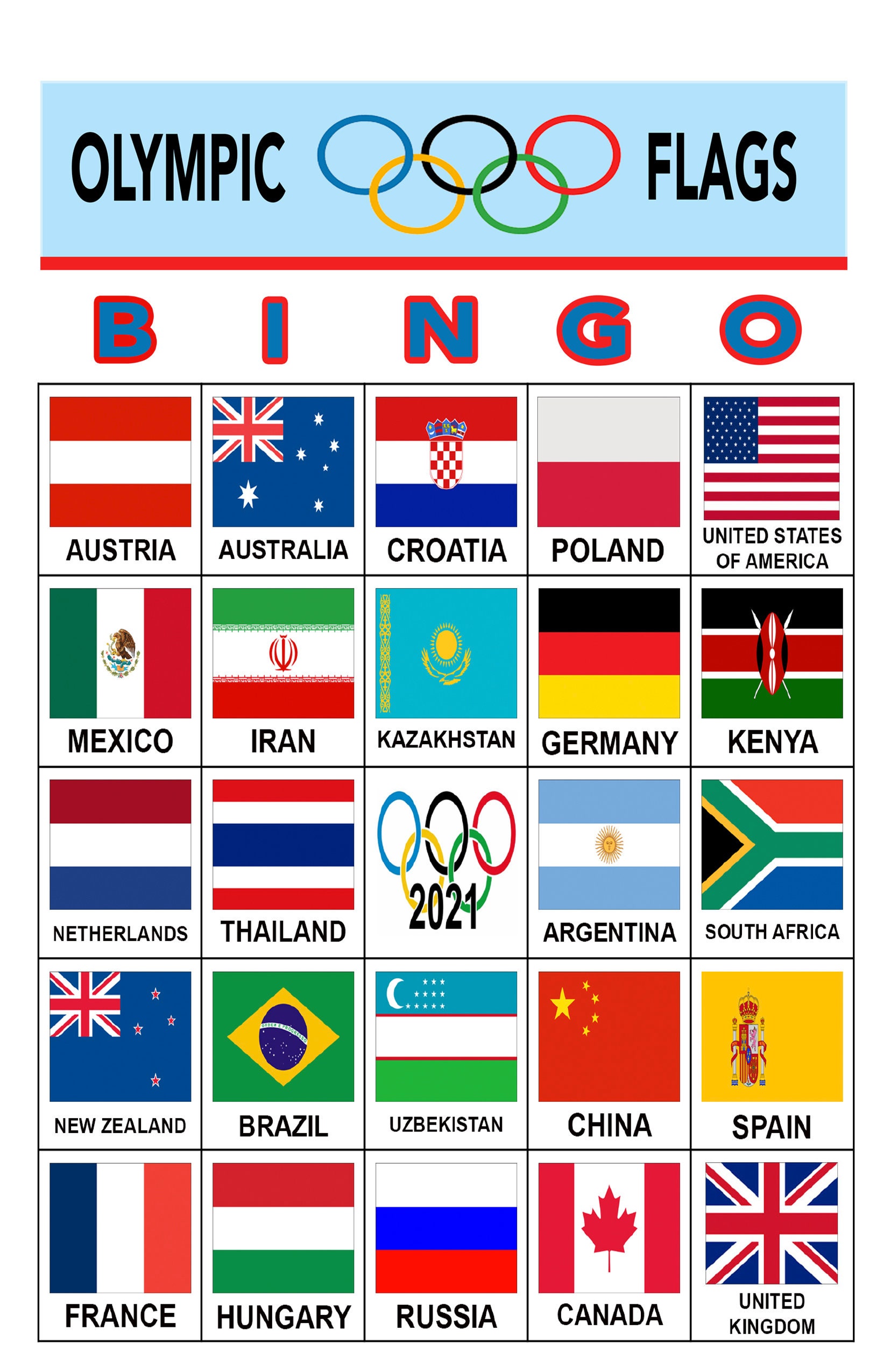 Tokyo Olympics 2021 Country Flags 30 cards Download Bingo Etsy