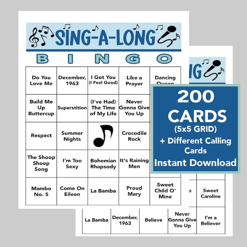 May include: A printable bingo card with a blue and white design featuring the title "Sing-A-Long Bingo". The card has a 5x5 grid with song titles in each square. The card is part of a set of 200 cards with different calling cards. The text "Instant Download" is also included.
