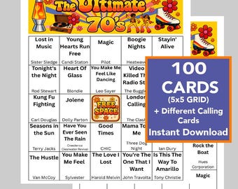 70's Music Hits Bingo Game, Printable Party Cards (Instant Download), Music Playlist Included, 100 Different Cards