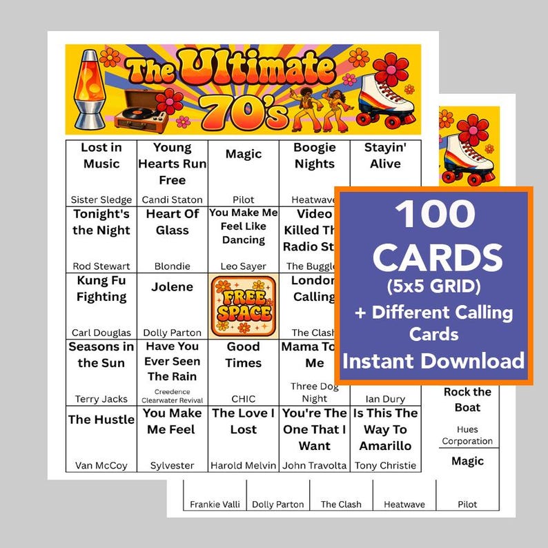 Pu&ograve; includere: Un set di cartelle di bingo a tema anni '70, con titoli di canzoni e artisti. L'immagine include una lampada a lava, pattini a rotelle e il testo "The Ultimate 70's". Il set include 100 cartelle.