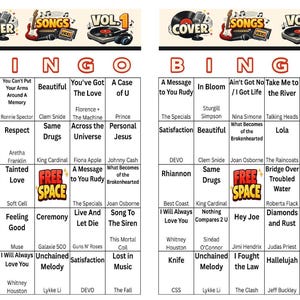 May include: A Bingo card with song titles and artists, designed with a retro aesthetic. The top banner reads "COVER SONGS VOL. 1" with musical instrument graphics. The card includes a "FREE SPACE" and various song titles.