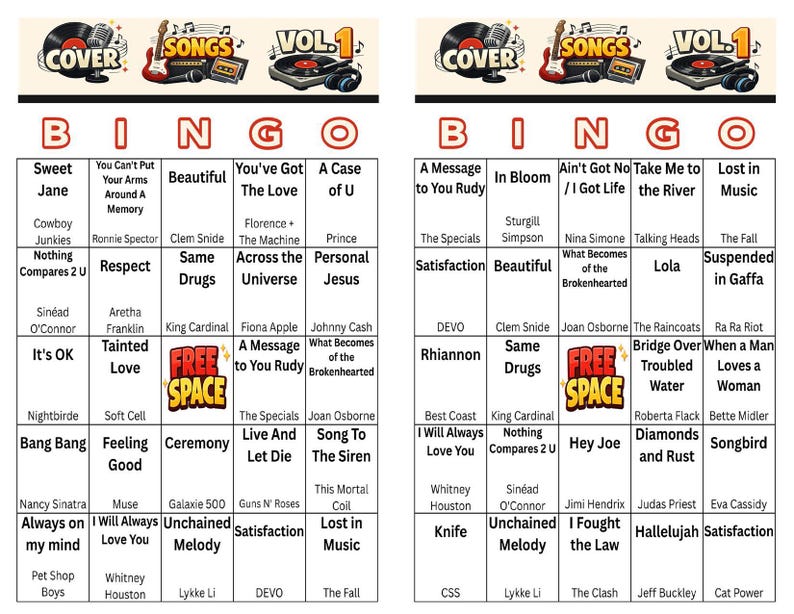 May include: A Bingo card with song titles and artists, designed with a retro aesthetic. The top banner reads "COVER SONGS VOL. 1" with musical instrument graphics. The card includes a "FREE SPACE" and various song titles.