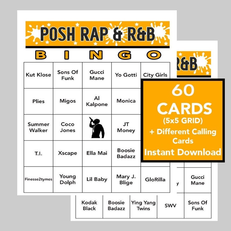 Puede incluir: Una tarjeta de bingo amarilla y negra con el t&iacute;tulo "Posh Rap & R&B Bingo" y una lista de artistas que incluyen Kut Klose, Sons of Funk, Gucci Mane, Yo Gotti, City Girls, Plies, Migos, Al Kalpone, Monica, Summer Walker, Coco Jones, JT Money, T.I., Xscape, Ella Mai, Boosie Badazz, Finesse2Tymes, Young Dolph, Lil Baby, Mary J. Blige, GloRilla, Kodak Black, Boosie Badazz, Ying Yang Twins, SWV y Sons of Funk.
