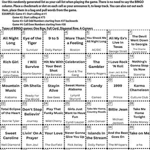 May include: A 70s and 80s Songs Bingo game card with a call list and instructions. The card features a grid of song titles and artists, including "Eye of the Tiger" and "Sweet Caroline".