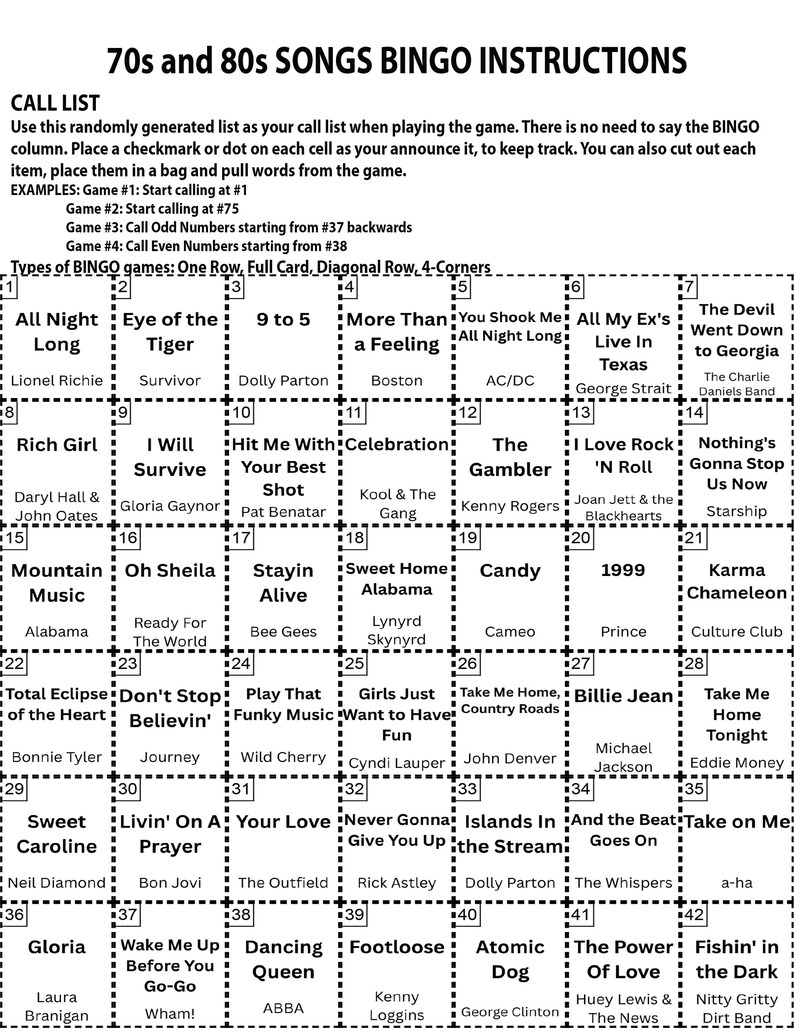 May include: A 70s and 80s Songs Bingo game card with a call list and instructions. The card features a grid of song titles and artists, including "Eye of the Tiger" and "Sweet Caroline".