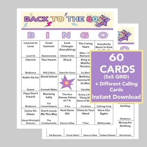 Tubes des années 80, fête des années 80, bingo d'anniversaire des années 80, téléchargement numérique, imprimable, 60 cartes différentes, 50 chansons, liste de lecture Spotify incluse