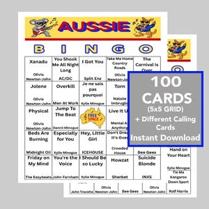 May include: A printable Aussie Bingo game card featuring a 5x5 grid with song titles and artist names. The header displays the word AUSSIE in blue with a koala playing guitar and a kangaroo singing. A central free space shows an Australian map.