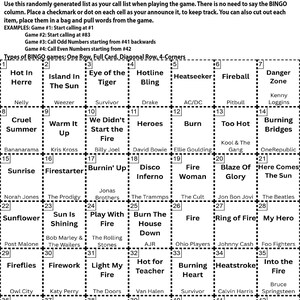 Puede incluir: Una tarjeta de bingo en blanco y negro titulada "Ignite the Night BINGO INSTRUCTIONS". La tarjeta presenta una cuadr&iacute;cula de casillas con t&iacute;tulos de canciones, instrucciones y ejemplos para jugar.