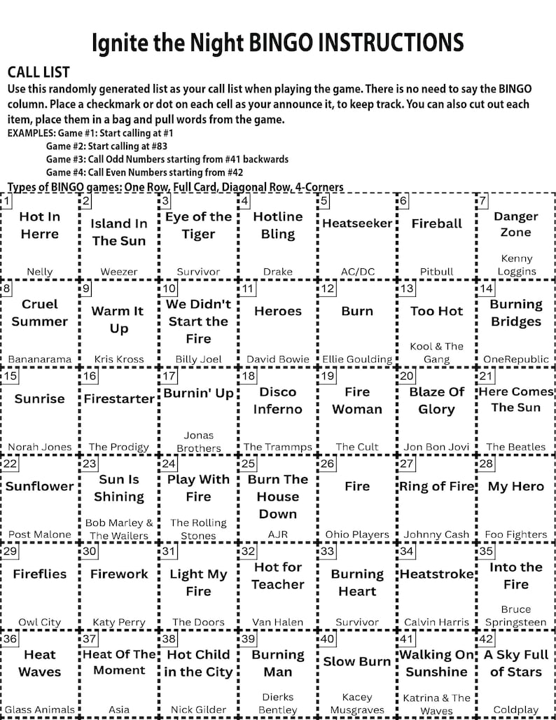 Puede incluir: Una tarjeta de bingo en blanco y negro titulada "Ignite the Night BINGO INSTRUCTIONS". La tarjeta presenta una cuadr&iacute;cula de casillas con t&iacute;tulos de canciones, instrucciones y ejemplos para jugar.