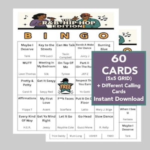 May include: R&B and Hip-Hop Bingo game set with 60 cards in a 5x5 grid, plus calling cards. The game features song titles and artists. The design includes musical notes and illustrations.