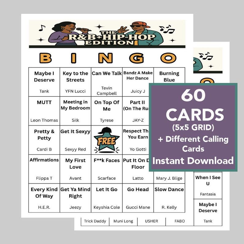 May include: R&B and Hip-Hop Bingo game set with 60 cards in a 5x5 grid, plus calling cards. The game features song titles and artists. The design includes musical notes and illustrations.