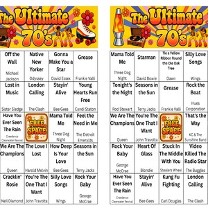 Pu&ograve; includere: Una colorata cartella del bingo intitolata "The Ultimate 70's" con titoli di canzoni e nomi di artisti. Il design include una lampada a lava, pattini a rotelle e un giradischi. La cartella &egrave; piena di canzoni popolari degli anni '70.