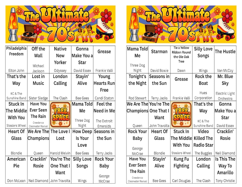 Pu&ograve; includere: Una colorata cartella del bingo intitolata "The Ultimate 70's" con titoli di canzoni e nomi di artisti. Il design include una lampada a lava, pattini a rotelle e un giradischi. La cartella &egrave; piena di canzoni popolari degli anni '70.
