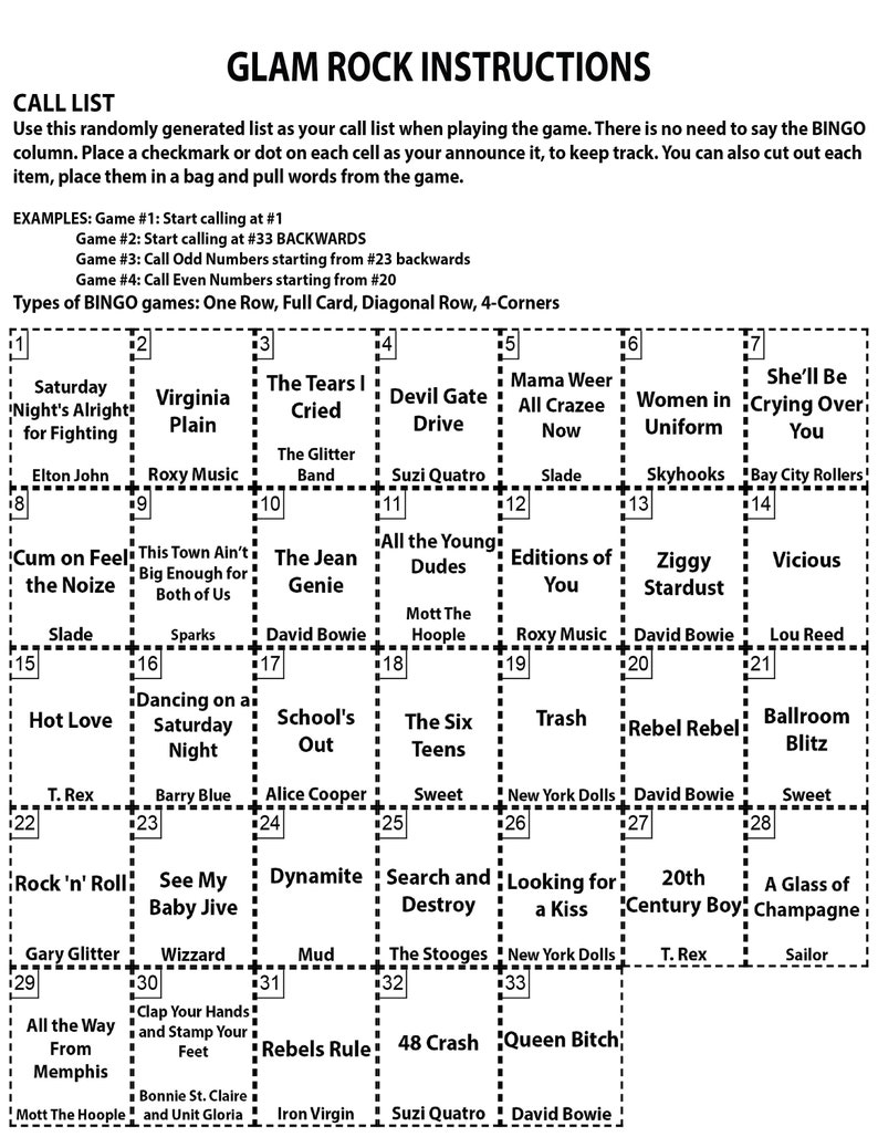Puede incluir: Una tarjeta de bingo en blanco y negro con un tema de glam rock. La tarjeta presenta nombres de bandas y m&uacute;sicos, incluidos David Bowie, T. Rex y The Stooges. La tarjeta est&aacute; dividida en una cuadr&iacute;cula de 5x5 con los n&uacute;meros del 1 al 33.