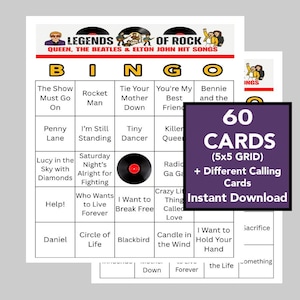 Bingo musical, éxitos de los Beatles, música de Elton John, Queen, descarga digital instantánea, imprimible, 60 tarjetas diferentes, lista de reproducción de Spotify incluida