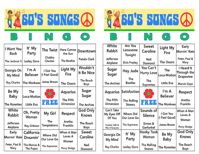 Pu&ograve; includere: Una scheda di bingo con un simbolo di pace nell'angolo. La scheda &egrave; piena di canzoni popolari degli anni '60. Le canzoni sono organizzate in un formato di scheda di bingo con uno spazio libero al centro.