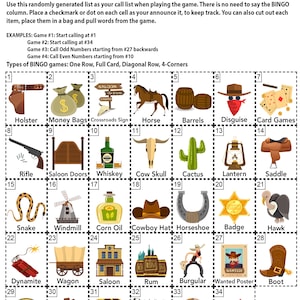 Wild West, Western, Bingo Printable Pdfs, Digital Download, Call List ...