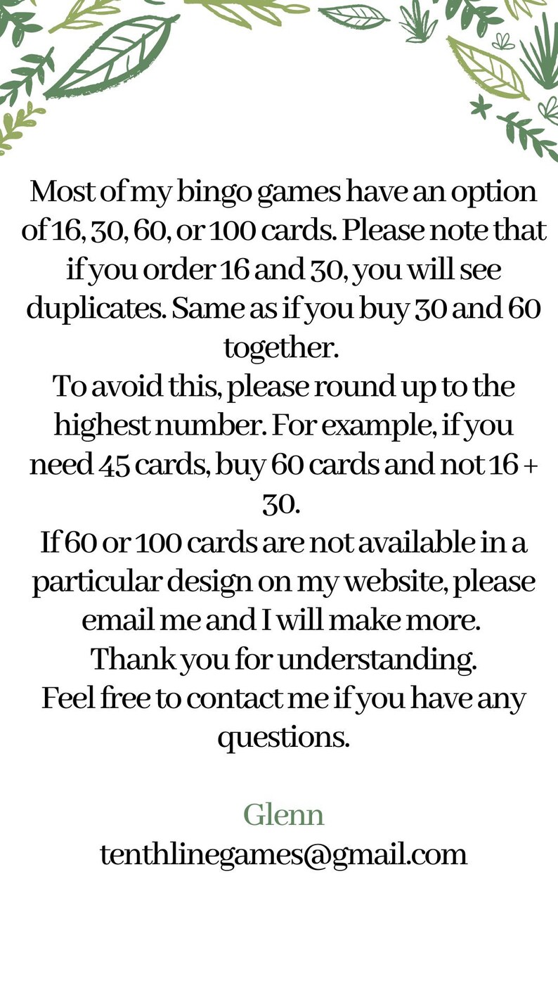 Puede incluir: Imagen con texto que contiene informaci&oacute;n sobre c&oacute;mo pedir tarjetas de bingo. El texto explica que el comprador debe redondear a la cantidad de tarjetas disponible m&aacute;s cercana para evitar duplicados. El texto tambi&eacute;n incluye una direcci&oacute;n de correo electr&oacute;nico para contactar al vendedor.