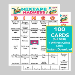 Bingo muzyczne, gry muzyczne, impreza muzyczna, natychmiastowe pobieranie cyfrowe, 100 różnych kart bingo, 50 piosenek w zestawie, dołączona playlista Spotify