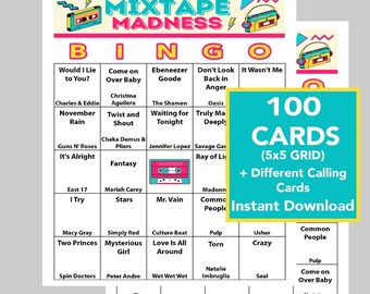 Music Bingo, Music Games, Music Party, Instant Digital Download, 100 different bingo cards, 50 songs included, Spotify Playlist Included