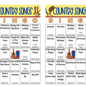 May include: Two Country Songs Bingo cards with song titles and artists. The cards feature a cowboy hat and boots graphic. The top banner reads "Country Songs" in blue and yellow.