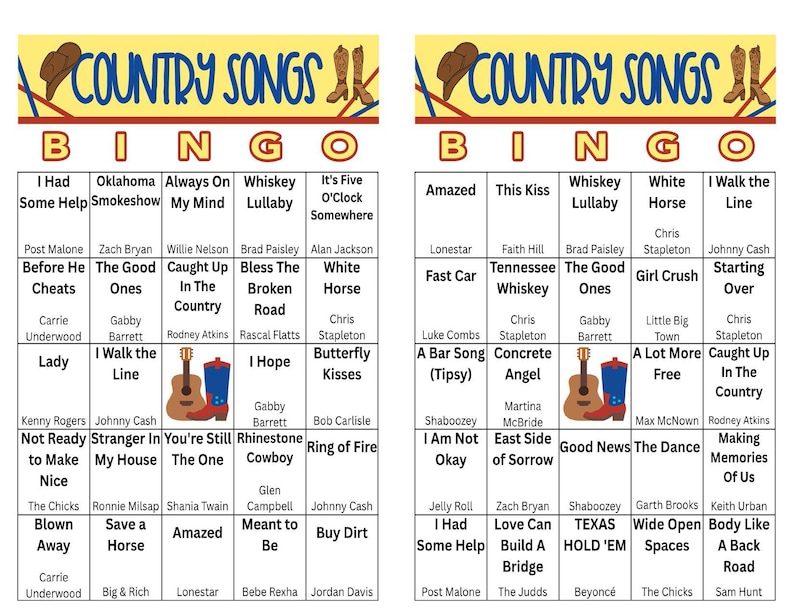 May include: Two Country Songs Bingo cards with song titles and artists. The cards feature a cowboy hat and boots graphic. The top banner reads "Country Songs" in blue and yellow.