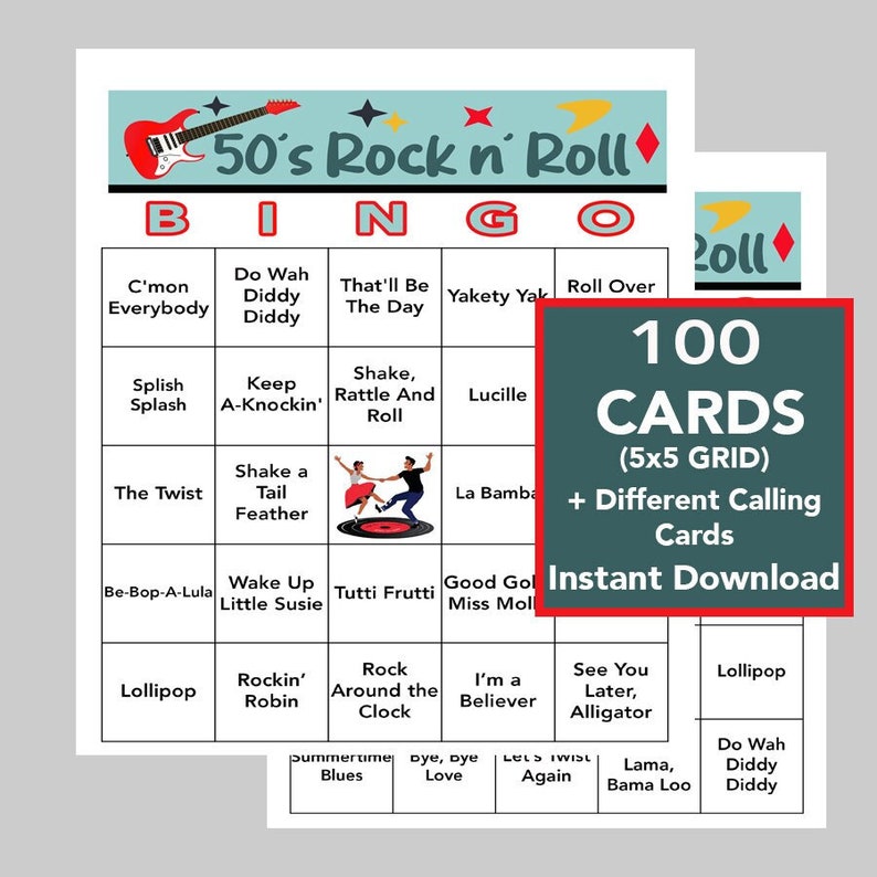 Puede incluir: Un conjunto de tarjetas de bingo imprimibles con un tema de rock and roll de los a&ntilde;os 50. La tarjeta presenta un esquema de color rojo, blanco y azul con un gr&aacute;fico de guitarra. La tarjeta tiene 25 casillas con varios t&iacute;tulos de canciones y frases de rock and roll de los a&ntilde;os 50. La tarjeta es parte de un conjunto de 100 tarjetas. El texto en la tarjeta dice "50's Rock n' Roll Bingo" y "100 Cartas (5x5 Cuadr&iacute;cula) + Cartas de Llamada Diferentes Descarga Instant&aacute;nea".