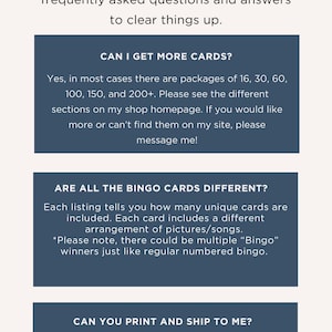 May include: A graphic with the title "FAQs" in a gold font. The text answers questions about bingo cards, including card quantities and printing options. The website address is tenthlinegames.com.