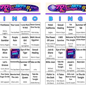May include: Bingo game card featuring a 70s and 80s music theme. The card has a purple and blue header with the text "70s and 80s Songs." The bingo grid includes song titles and artist names, with the word "BINGO" in large blue letters.