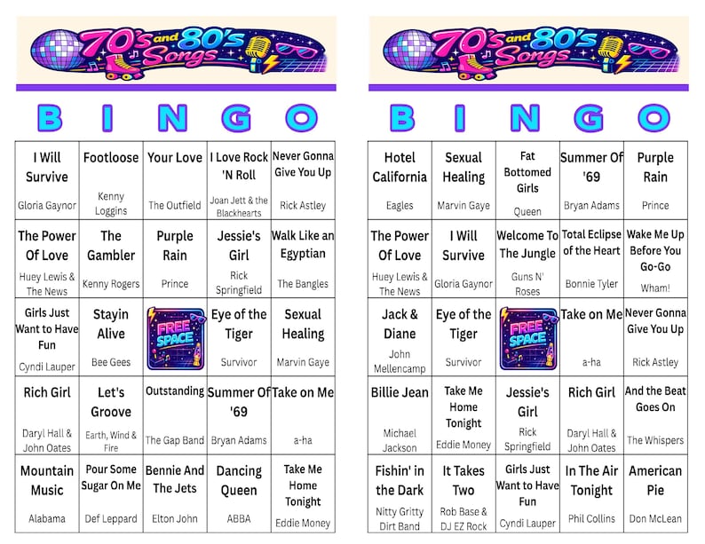 May include: Bingo game card featuring a 70s and 80s music theme. The card has a purple and blue header with the text "70s and 80s Songs." The bingo grid includes song titles and artist names, with the word "BINGO" in large blue letters.