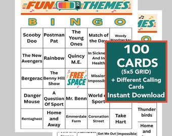British TV Theme Music Bingo | UK Tv Nostalgia Party Game | 100 Printable Bingo Cards | British TV Themes | Instant Download, Music Playlist