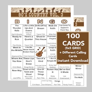 May include: A bingo game set with a country music theme. The game includes 100 cards with a 5x5 grid, featuring song titles from the 90s. The design includes a guitar illustration and the text "90's Country Vol. 3".