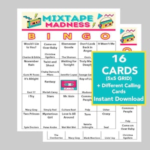Bingo muzyczne, gry muzyczne, impreza muzyczna, natychmiastowe pobieranie cyfrowe, 16 różnych kart bingo, 50 piosenek w zestawie, dołączona playlista Spotify