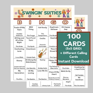 May include: A retro-themed bingo game set with a "Swingin' Sixties" design. The game includes 100 cards with a 5x5 grid and different calling cards. The bingo cards feature song titles from the 1960s.