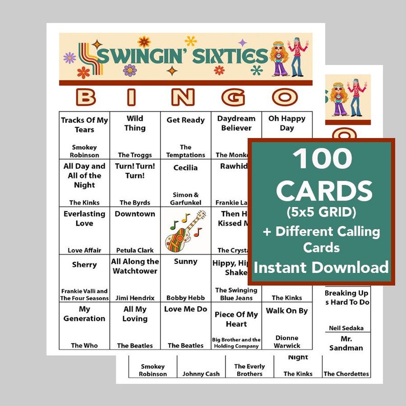 May include: A retro-themed bingo game set with a "Swingin' Sixties" design. The game includes 100 cards with a 5x5 grid and different calling cards. The bingo cards feature song titles from the 1960s.