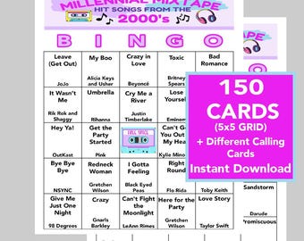 Música de los 2000, Bingo musical de los 2000, Descarga digital instantánea, Lista de reproducción de Spotify incluida, 70 canciones diferentes, 150 tarjetas de bingo únicas