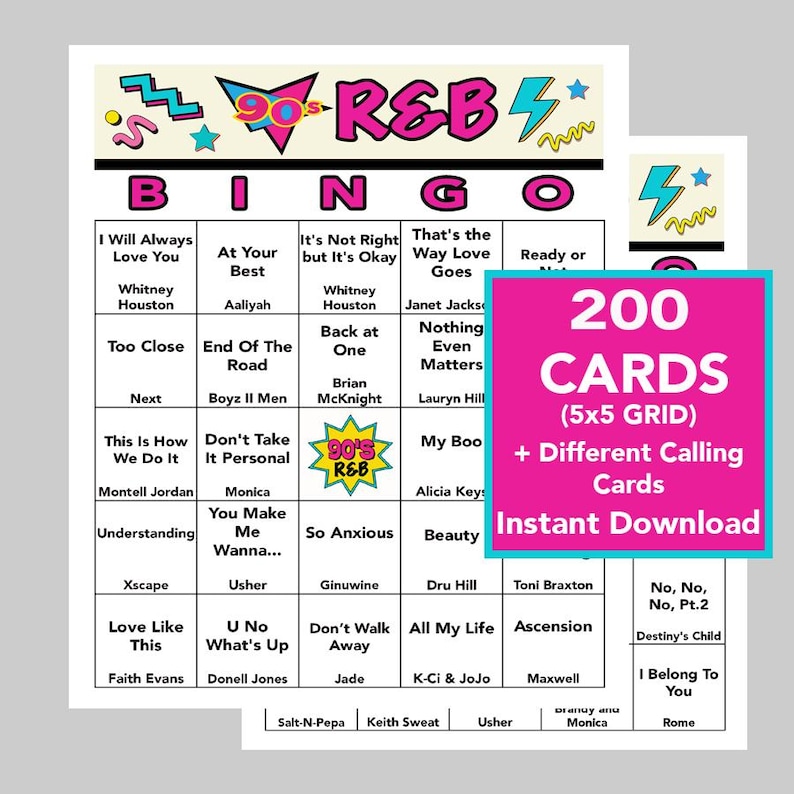 K&ouml;nnte beinhalten: Eine rosa und schwarze druckbare Bingokarte mit dem Titel "90's R&B Bingo" und einer Liste von 25 beliebten R&B-Songs aus den 1990er Jahren. Die Karte ist Teil eines Sets mit 200 Karten und enth&auml;lt verschiedene Ansagekarten f&uuml;r ein Bingospiel.