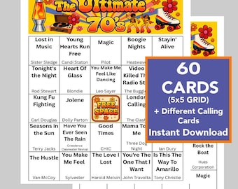 70's Music Hits Bingo Game, Printable Party Cards (Instant Download), Music Playlist Included, 60 Different Cards