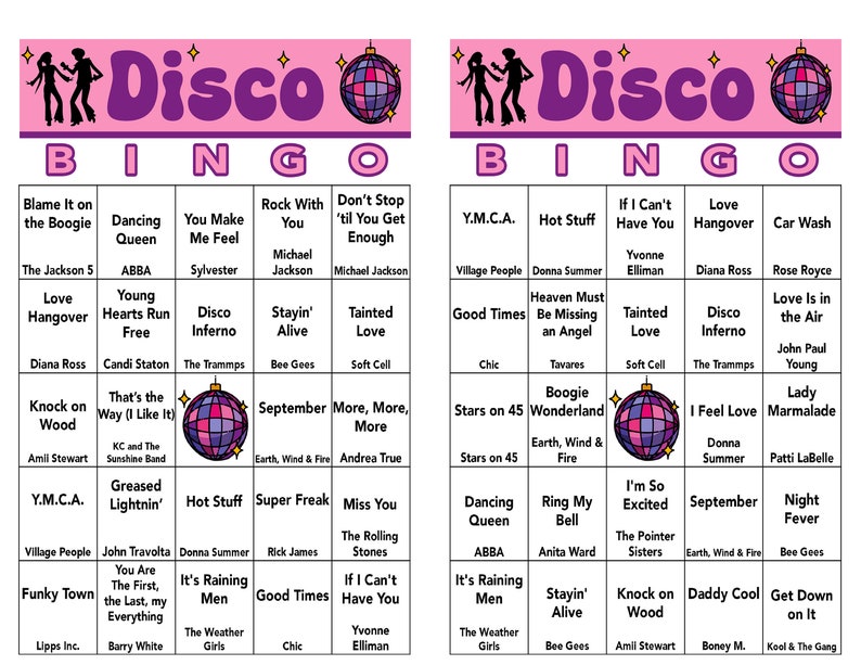 May include: A pink and purple disco bingo card with a disco ball in the center. The card has a grid of 25 squares, each with a different song title or artist from the disco era. The squares are arranged in a traditional bingo pattern, with the free space in the center. The card is perfect for a disco-themed party or game night.