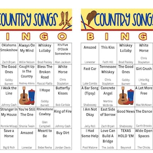 K&ouml;nnte beinhalten: Zwei Country Songs Bingo-Karten mit Songtiteln und K&uuml;nstlern. Die Karten zeigen eine Cowboyhut- und Stiefelgrafik. Das obere Banner lautet "Country Songs" in Blau und Gelb.