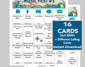 Bingo musical de los años 60, 70, 80, 90 y 2000, celebración de festivales musicales, descarga digital instantánea, 16 tarjetas diferentes, 70 canciones, lista de reproducción de Spotify