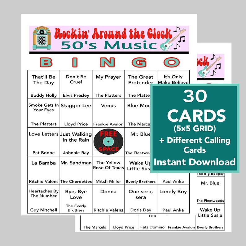 50's muziekhits, 50's feest, 50's bingo, instant digitale download, bingogames, afdrukbare games, 30 verschillende bingokaarten, Spotify-afspeellijst afbeelding 1
