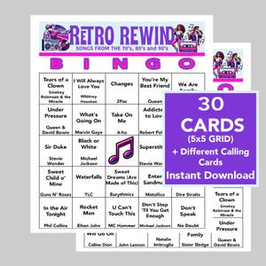 70's, 80's, 90's, Muziek, Verjaardagsmuziek, Retro, Muziekbingo, Directe digitale download, 30 verschillende bingokaarten, Spotify-afspeellijst, 75 nummers