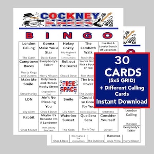 May include: A set of Cockney-themed bingo cards, featuring song titles and artists. The cards have a 5x5 grid and include calling cards. The text "30 CARDS" is displayed, indicating the quantity of cards available for an instant download.