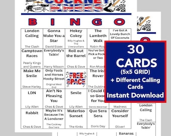 English Theme Songs Bingo Game, Cockney Knees Up Music, (Instant Digital Download), 30 Different Cards, Music Playlist Included